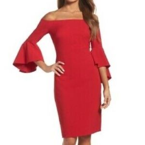 Red Off the Shoulder Bell Sleeve Bodycon Midi Cocktail Dress
